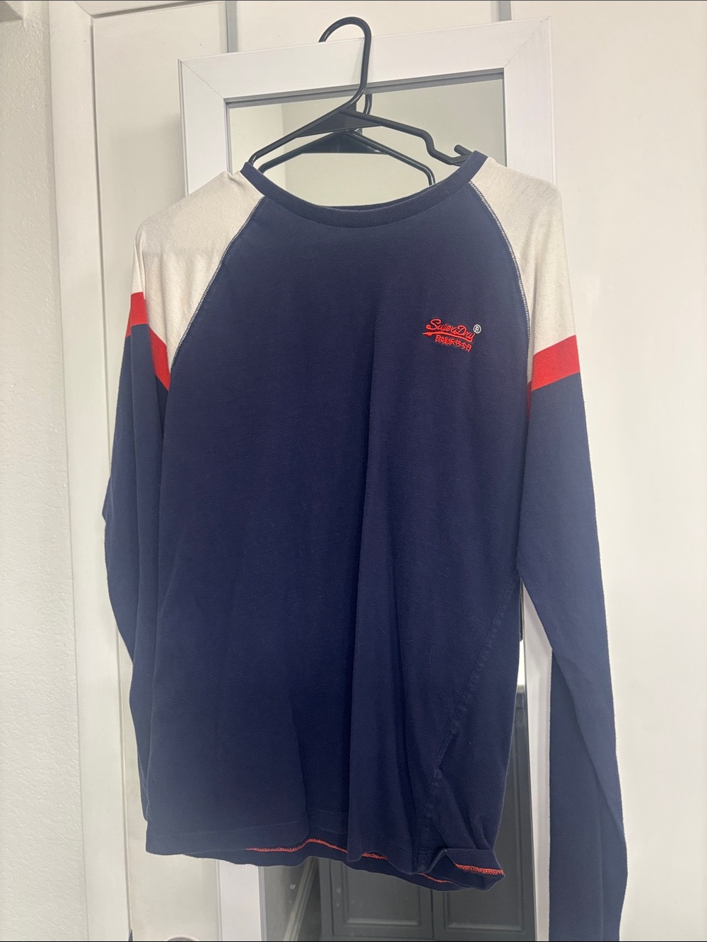 Superdry Navy Long Sleeve Raglan Top with Red & Cream Accents